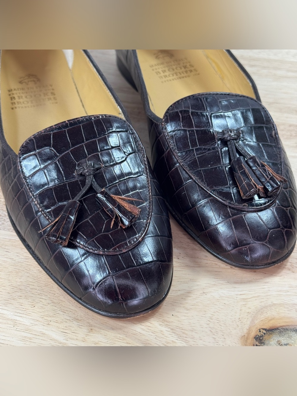 Brooks Brothers Croc Embossed Leather Tassel Loafers Brown 10 AA Narrow - Picture 7 of 11